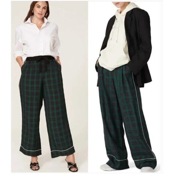 Tommy Hilfiger Pants Preppy Tartan Plaid Check Wide Leg Trousers Navy & Green XL - Picture 1 of 12